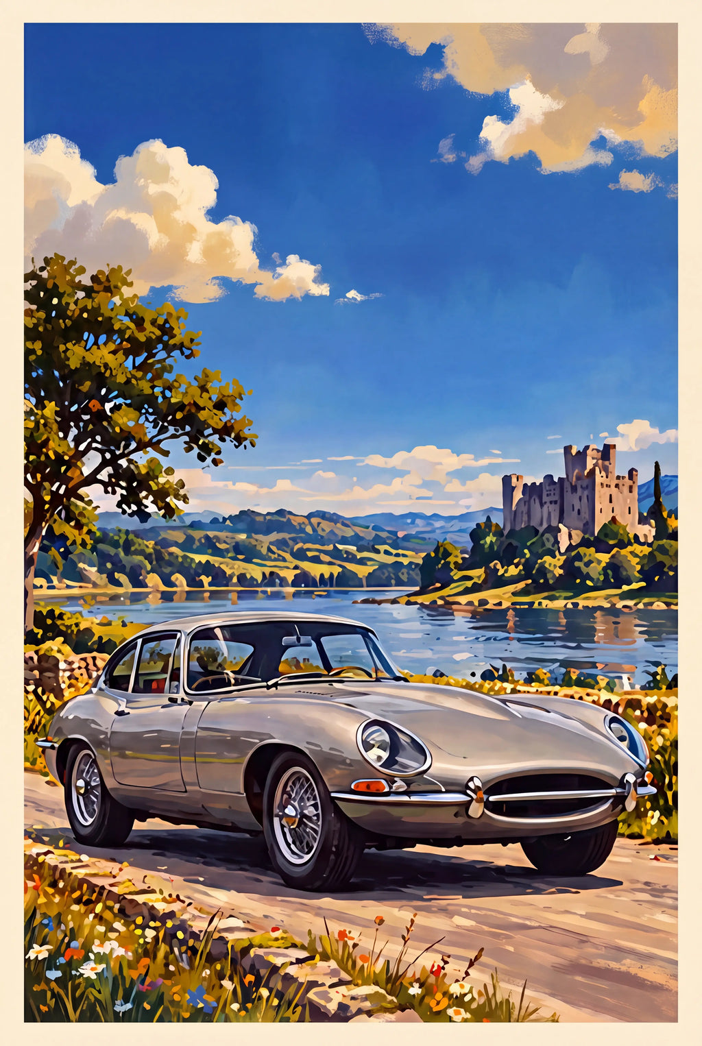 Vintage painted poster of a silver Jaguar E-Type Series 1 coupe on a lakeside lane with a castle and hills behind