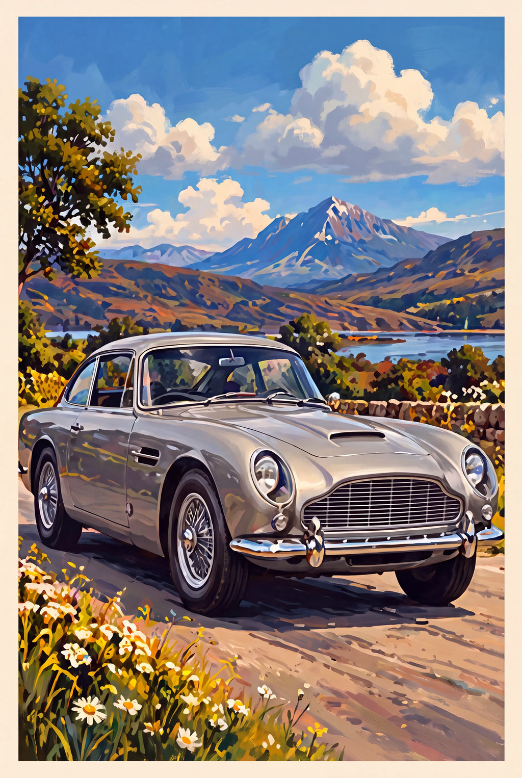 Vintage painted poster of a silver Aston Martin DB5 on a country road with a lake and snow-capped mountain behind