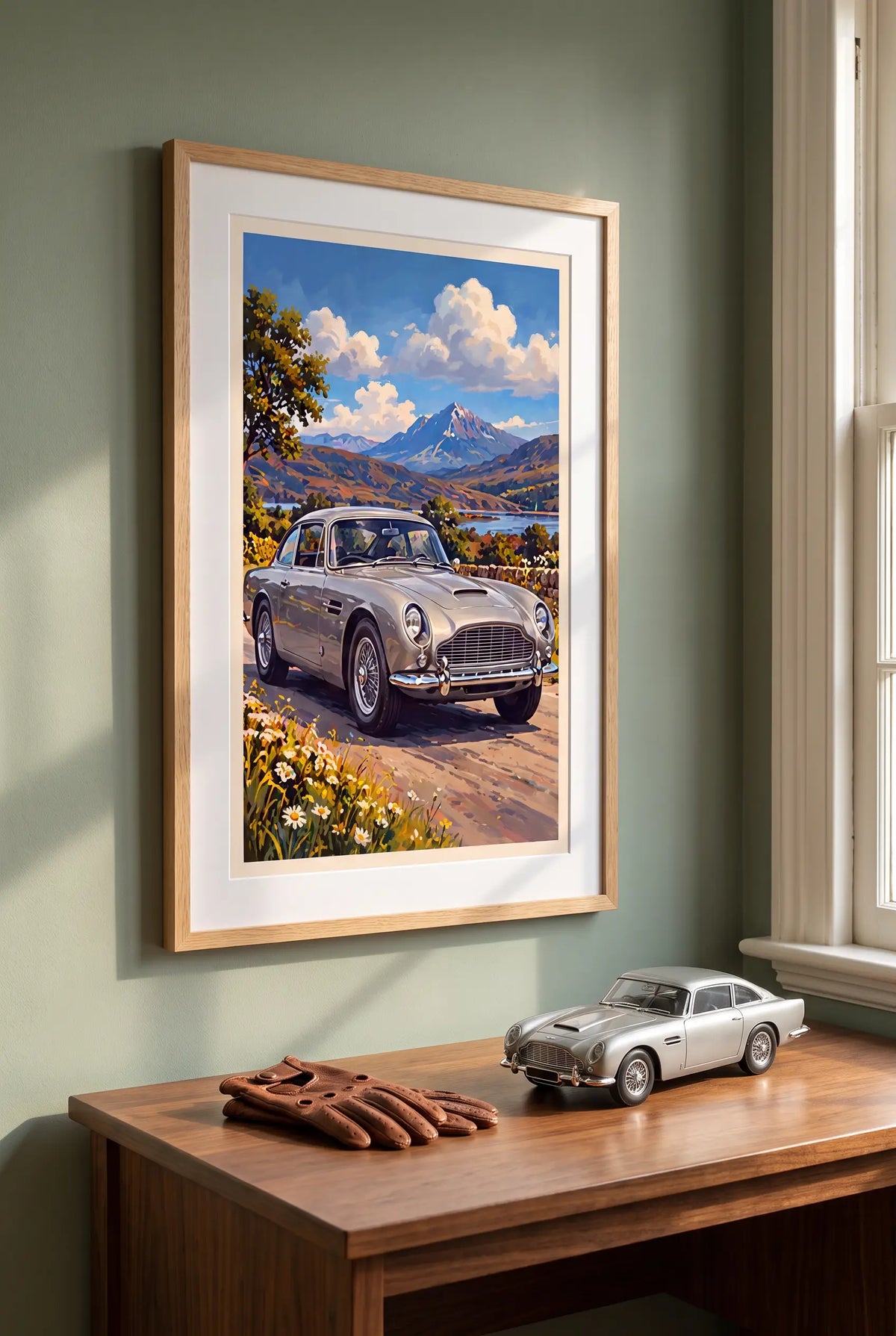 Aston Martin DB5 poster shown in an oak frame in a study (frame not included)