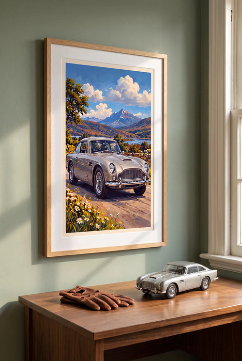 Aston Martin DB5 poster shown in an oak frame in a study (frame not included)