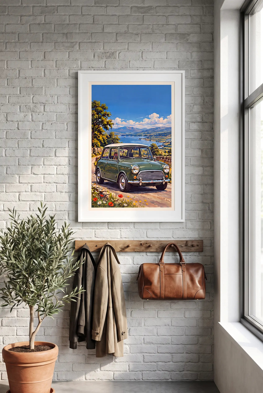 Mini Cooper Mk1 poster shown in a white frame on a brick hallway wall (frame not included)