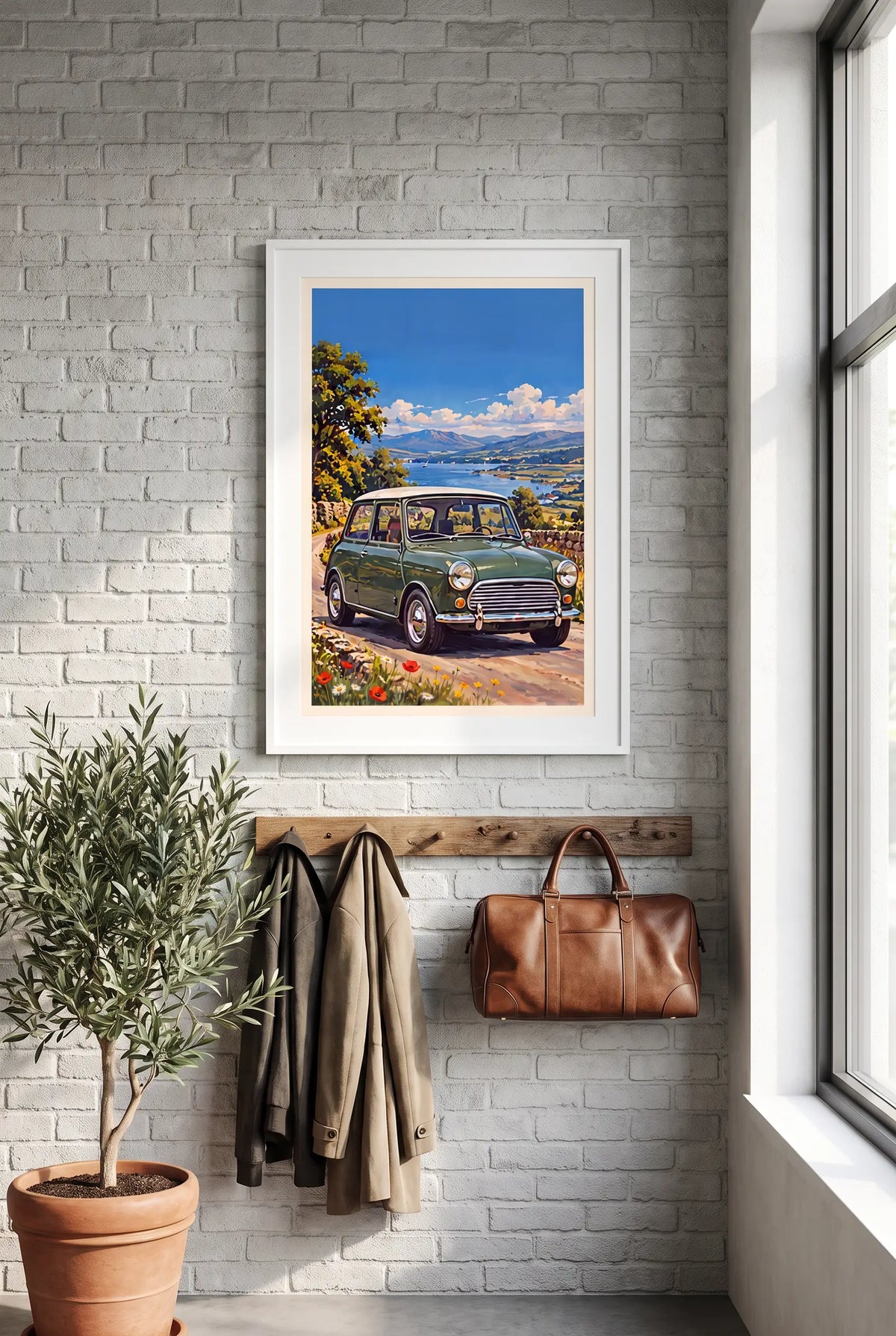 Mini Cooper Mk1 poster shown in a white frame on a brick hallway wall (frame not included)
