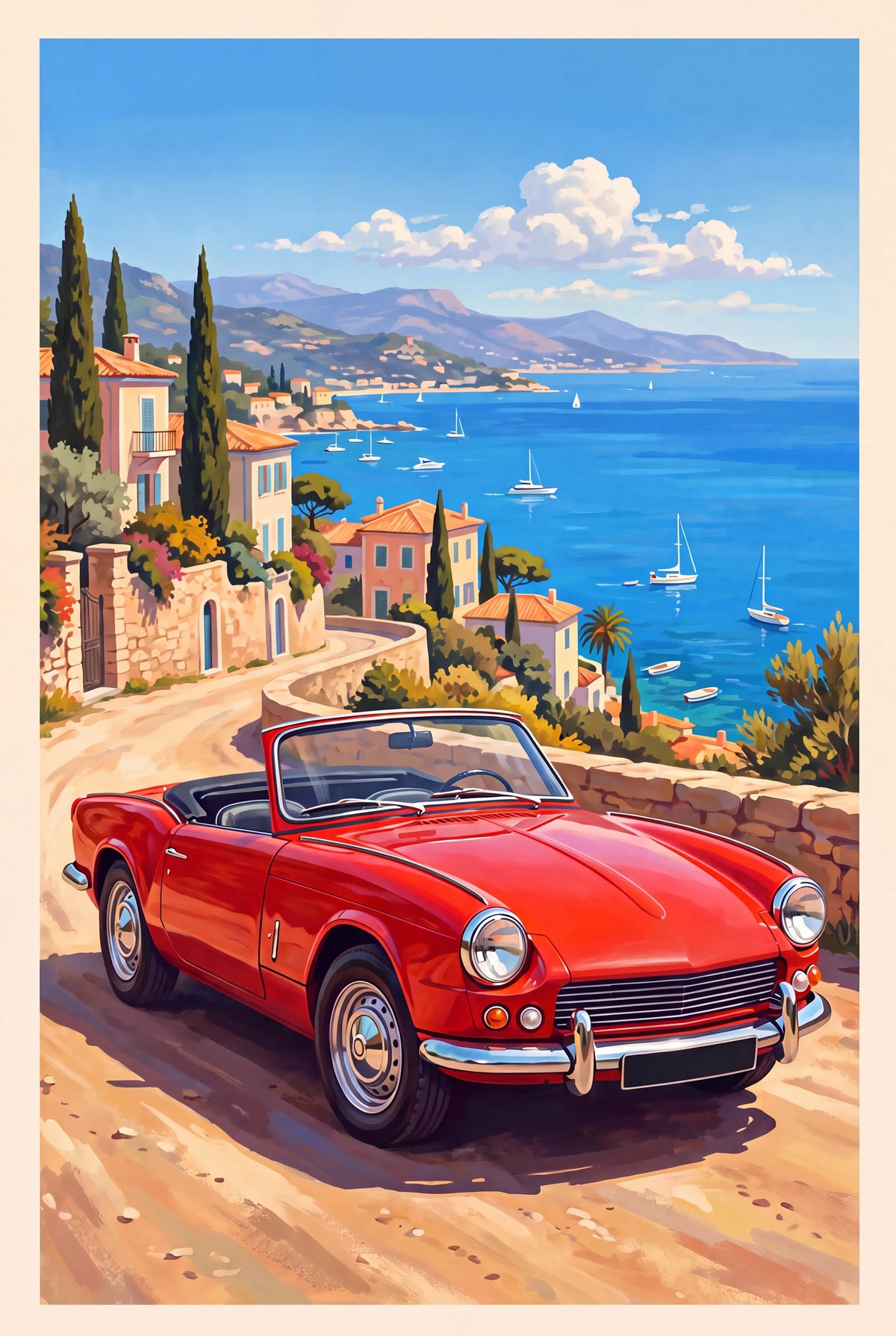 Vintage painted poster of a red Triumph Spitfire Mk1 on a Mediterranean coastal road with blue sea and villas