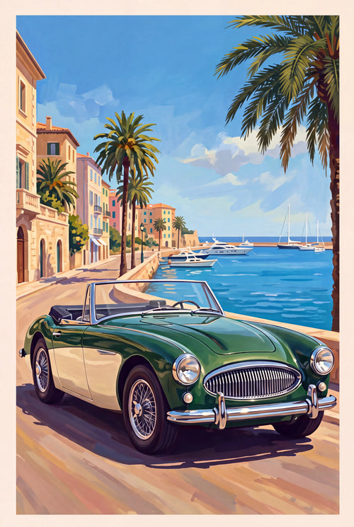 Vintage painted poster of a green Austin-Healey 3000 on a Mediterranean harbour road with palm trees and yachts