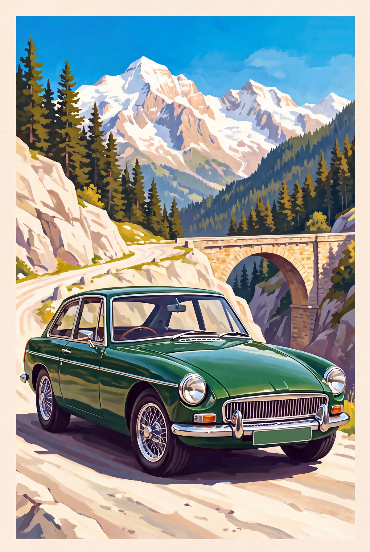 Vintage painted poster of a green MGB GT on an Alpine mountain pass with snow-capped peaks and a stone bridge