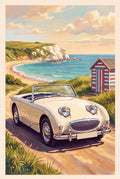 Vintage painted poster of a cream Austin-Healey Frogeye Sprite by an English seaside cove with a beach hut
